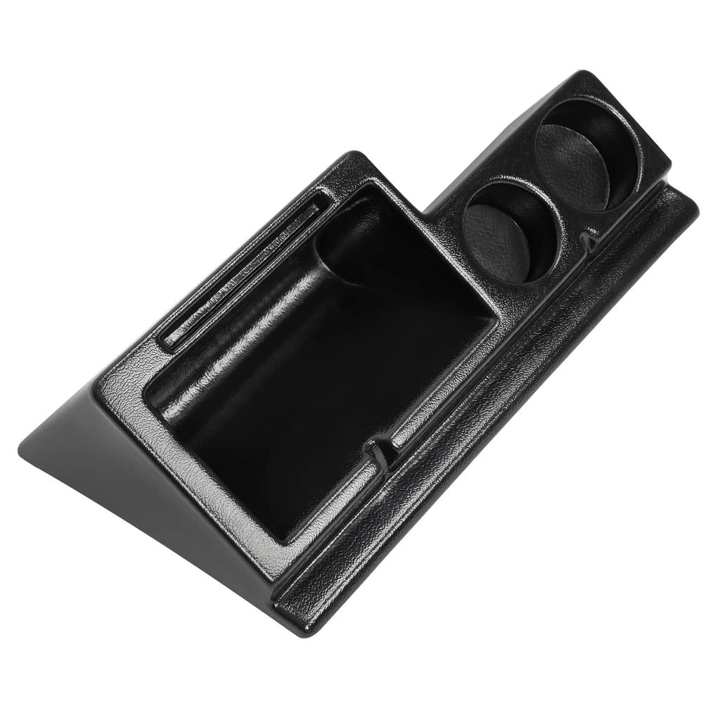 Black cab caddie with long center compartment and two circular beverage holders.