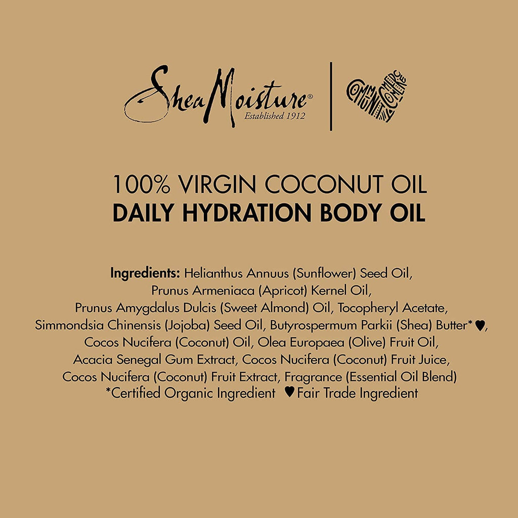 Ingredients panel for 100% virgin coconut oil daily hydration body oil