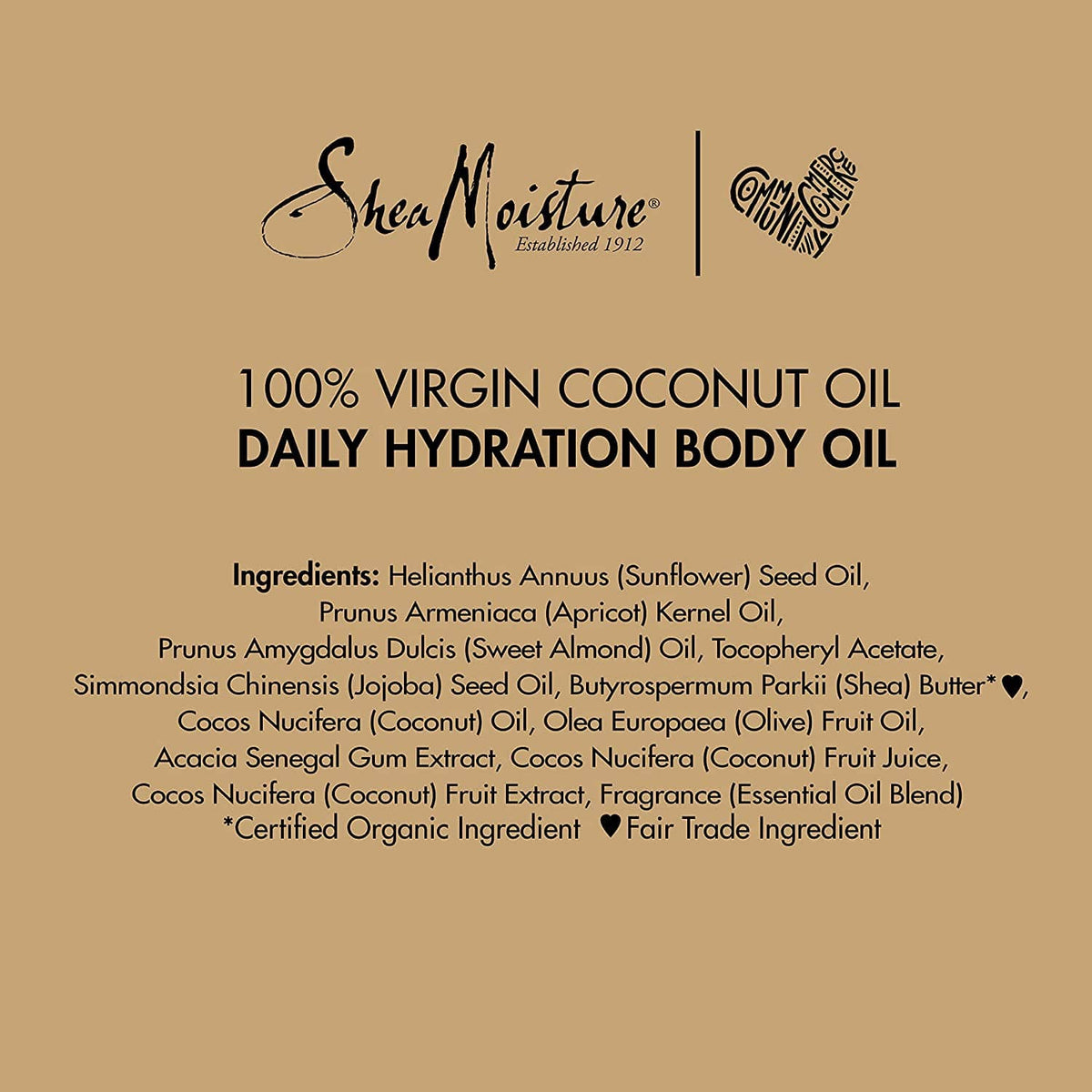 Ingredients panel for 100% virgin coconut oil daily hydration body oil