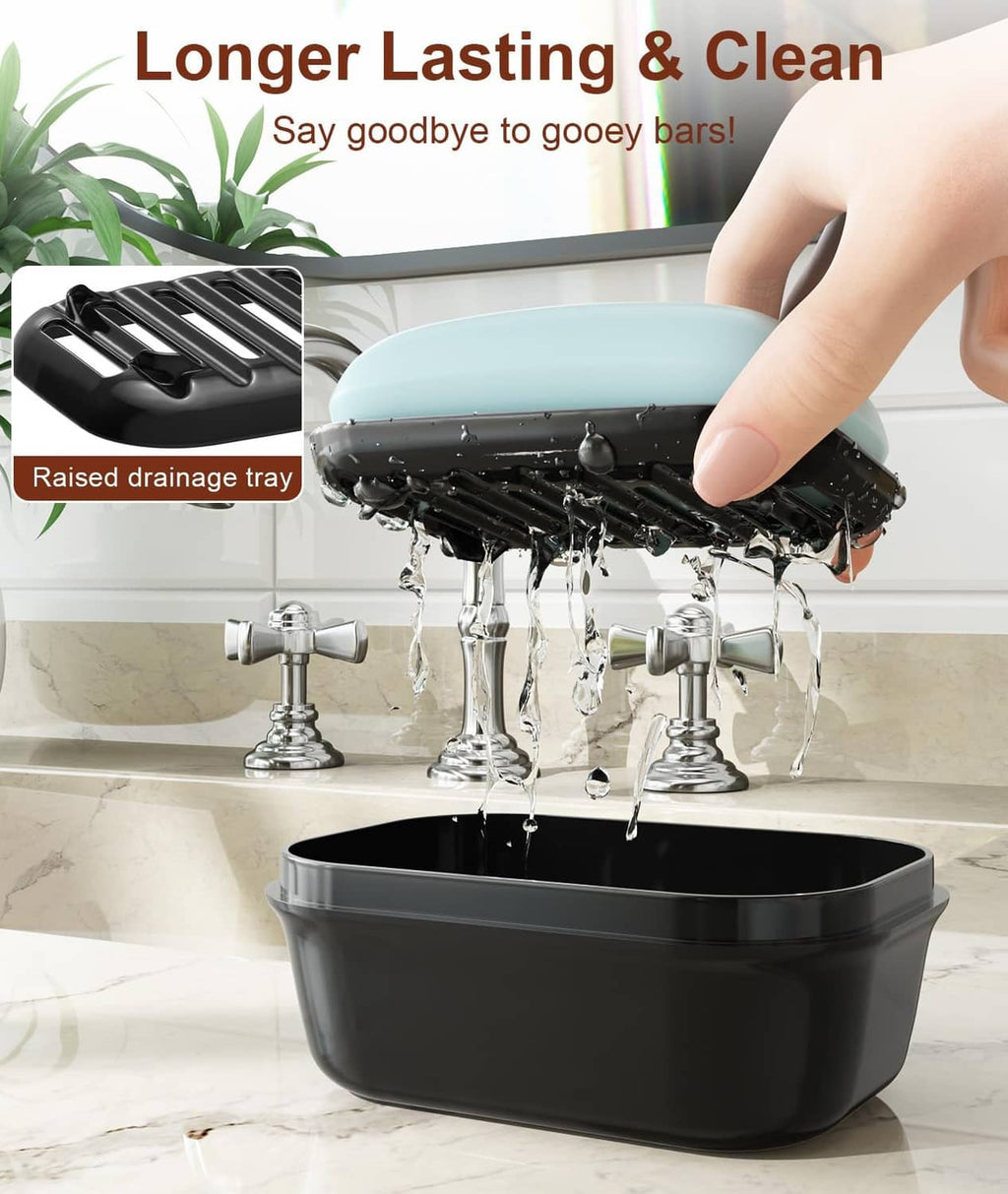 Black lidded soap dish with raised draining tray, open