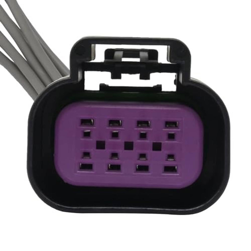 Purple 12-slot electrical connector face in black housing with gray wire pigtails attached