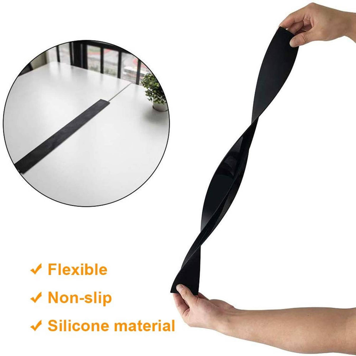 Flexible black non-slip silicone gap cover strip with curved edge, held by hand.