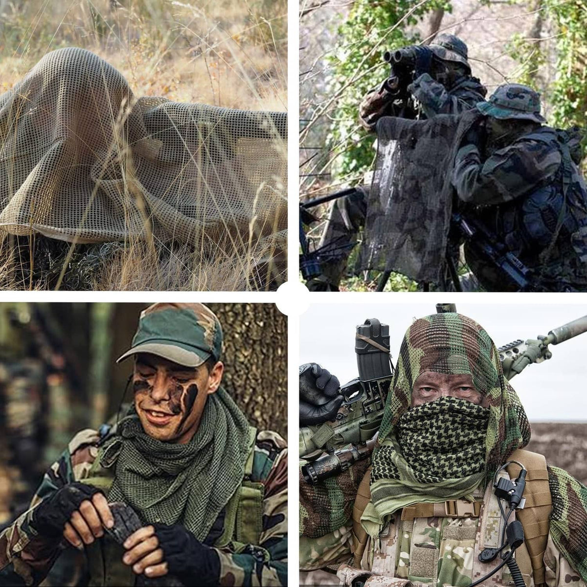Woodland camo neck scarf worn under a helmet on soldiers in outdoor terrain