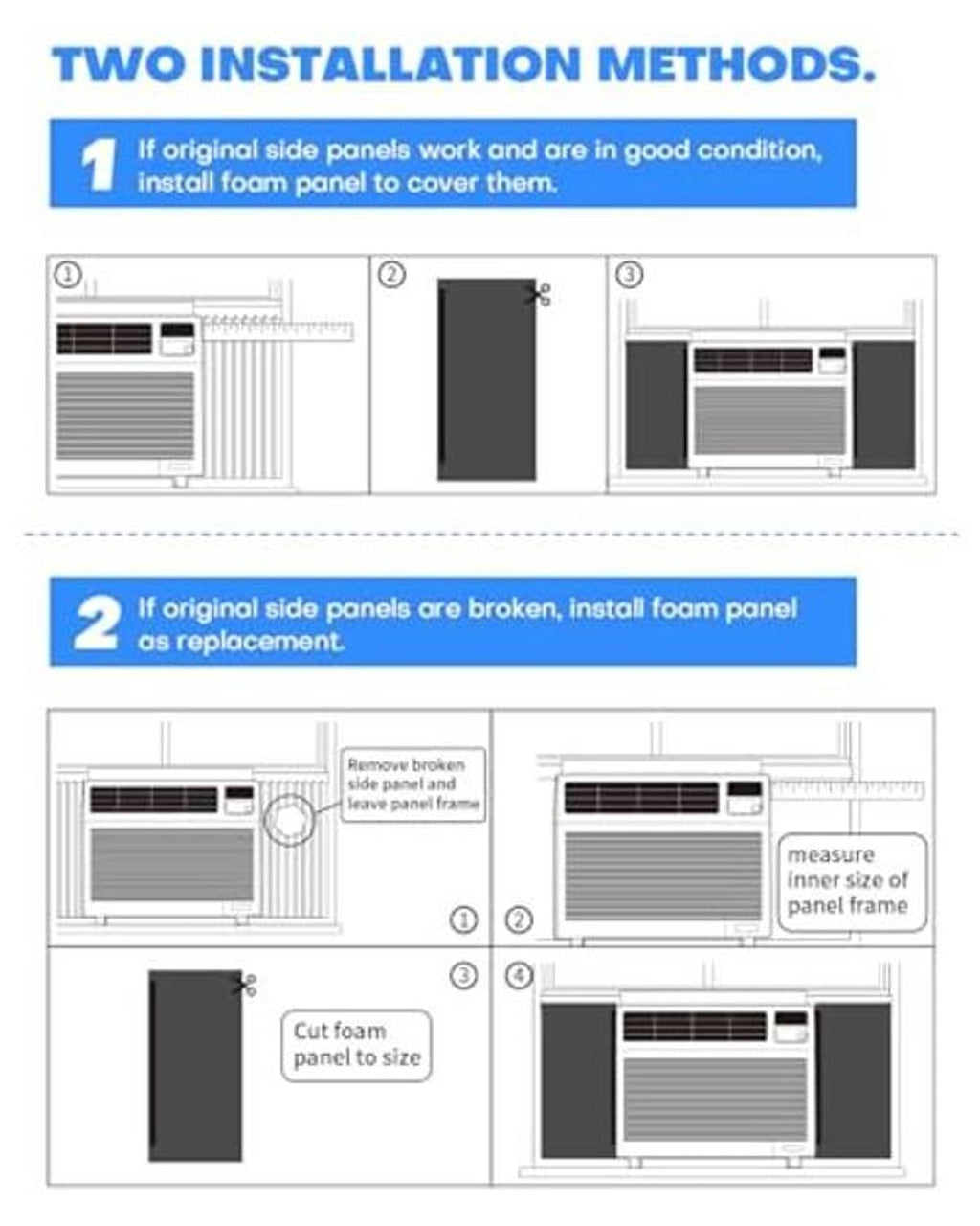 Installation guide showing steps to fit foam side panels for window AC
