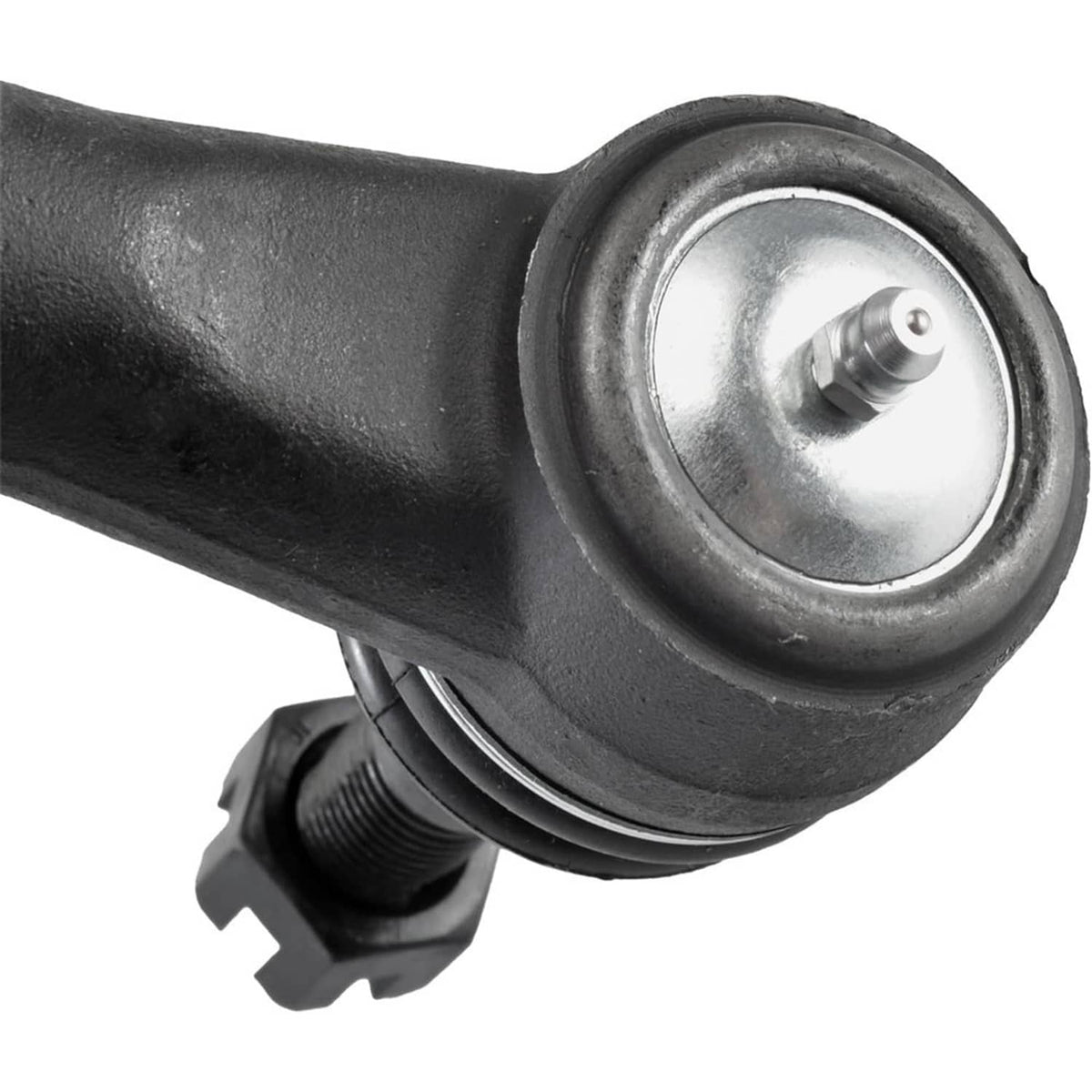 Close-up of black ball-joint housing with metal ball and threaded stud