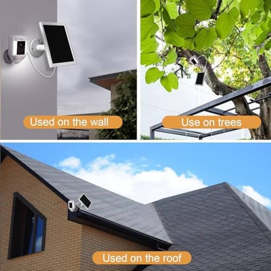 Solar panel mounted on wall with cable and camera spotlight bracket outdoors
