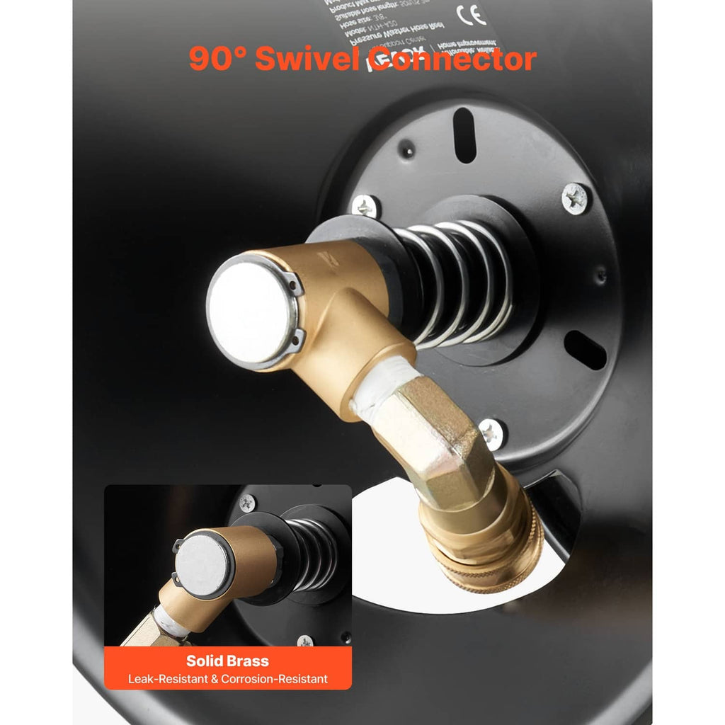 Pressure washer hose reel with brass 90-degree swivel connector at the inlet