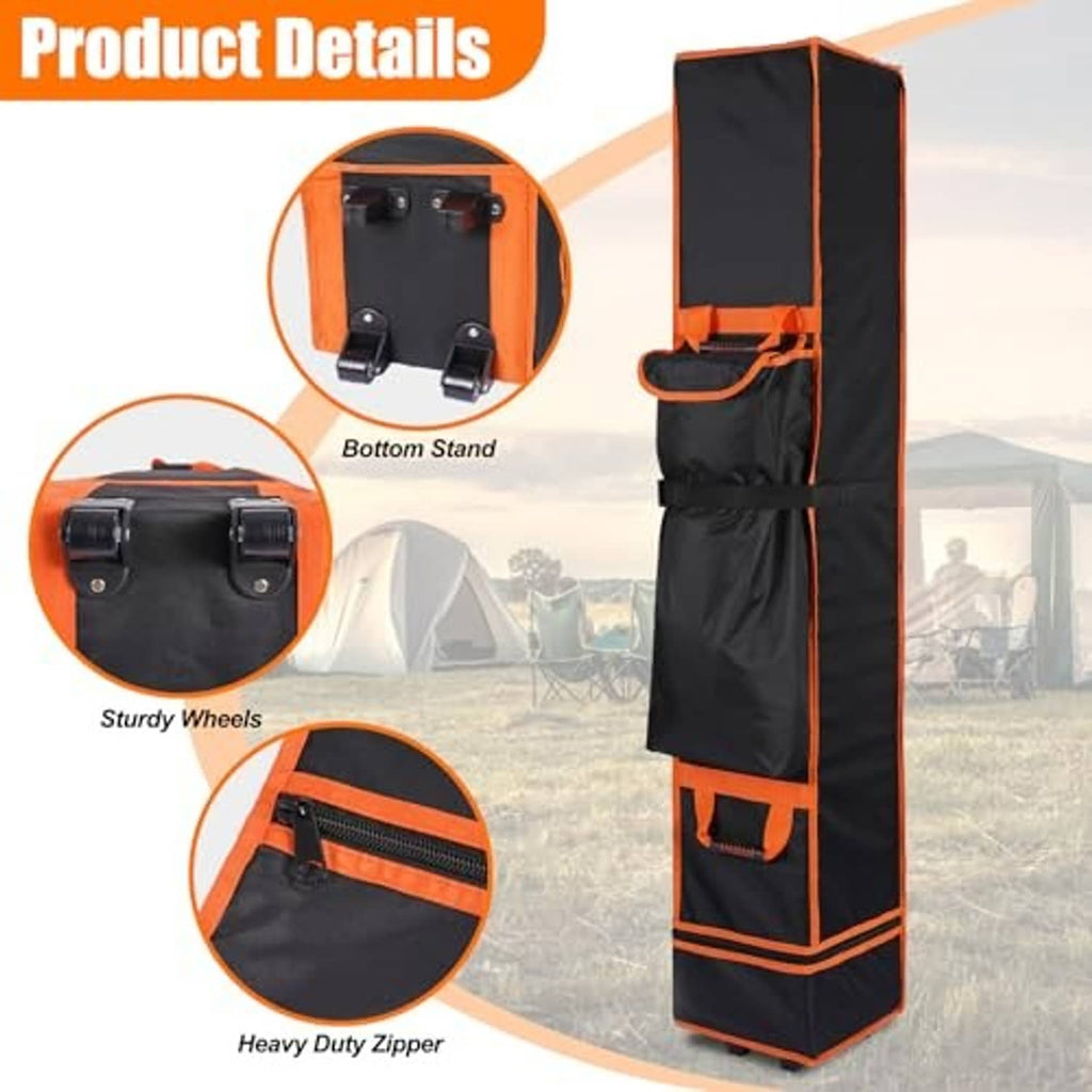 Black wheeled storage bag with orange trim, sturdy wheels, heavy-duty zipper, upright.
