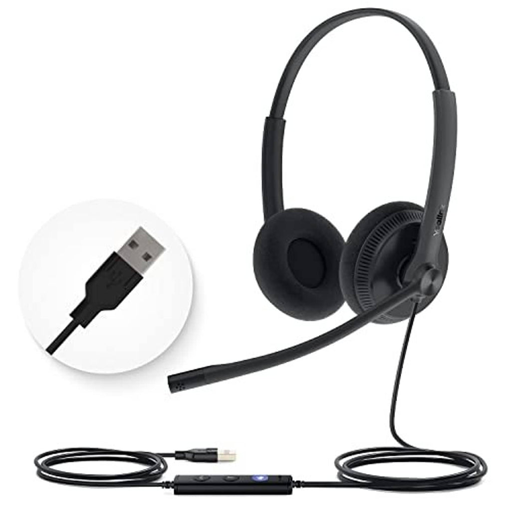 Black over-ear wired USB headset with boom microphone, USB plug, and coiled cable