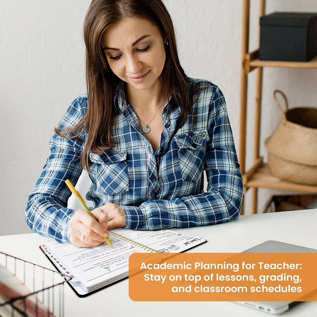 Academic planner open to a weekly schedule page with handwritten entries