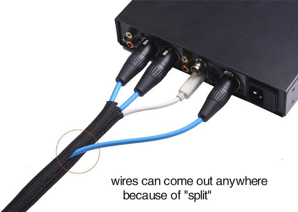 Black braided cable sleeve bundling multiple connected cords