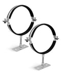 Pair of adjustable pipe support brackets with black curved pads and metal mounting bases