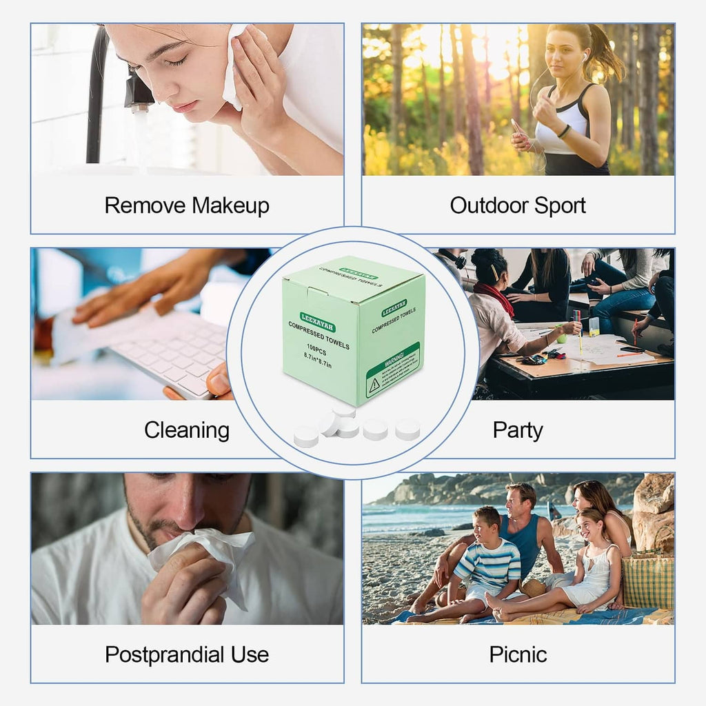 LEEXAYAH compressed towel pack displayed with surrounding use scenes
