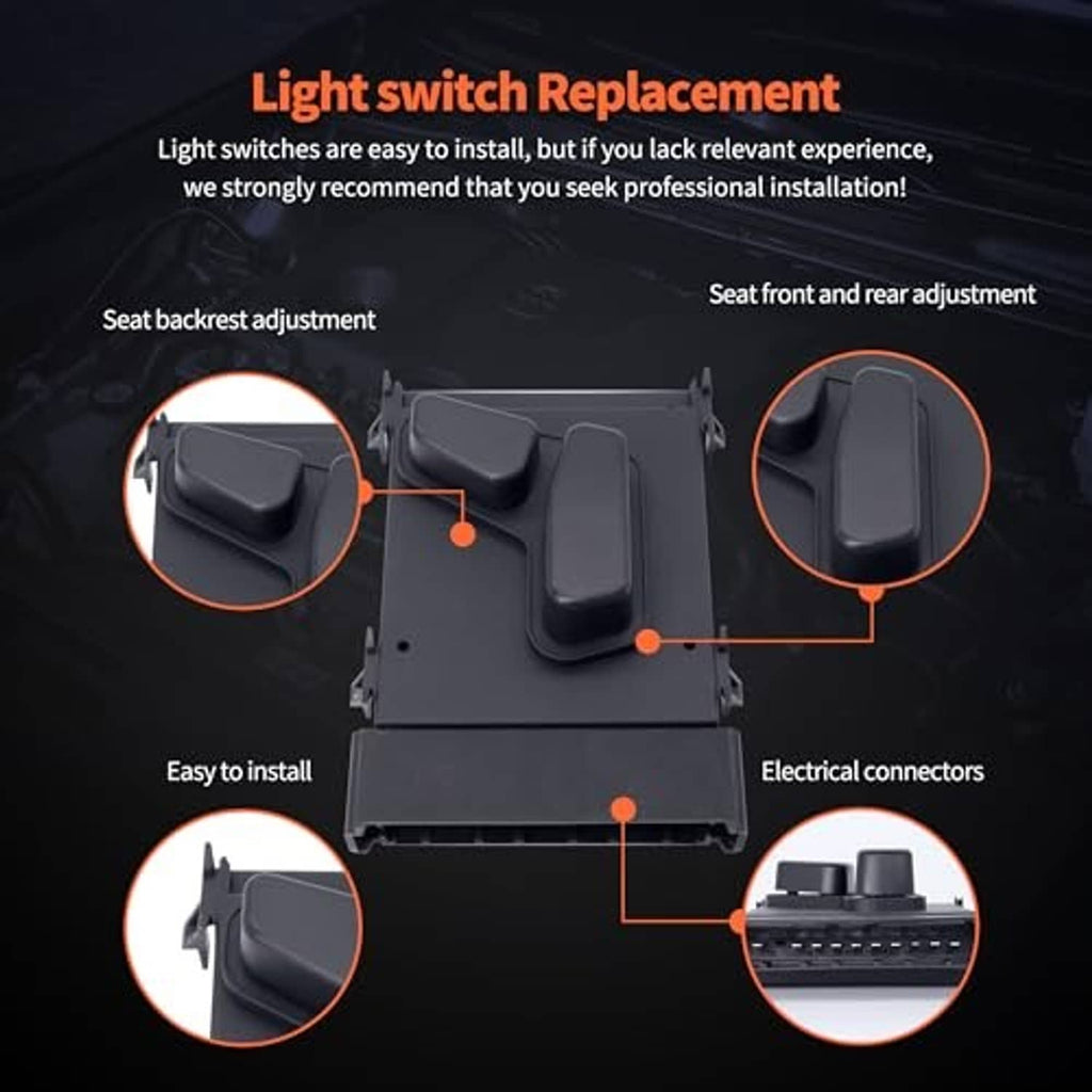 Power seat switch with two rocker buttons and bottom wiring connector, dark gray case