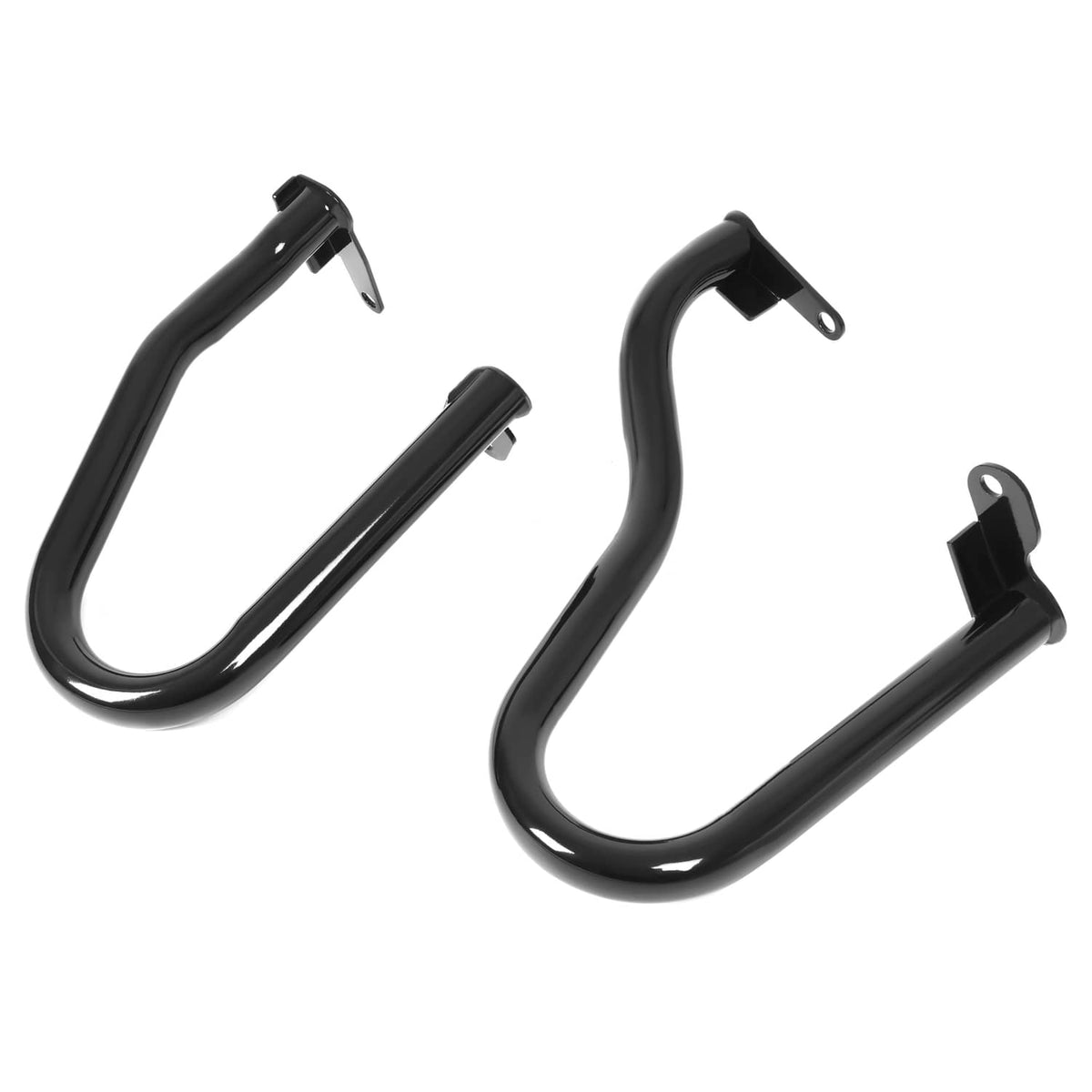 Black motorcycle engine guard crash bars, curved U-shape with mounting brackets