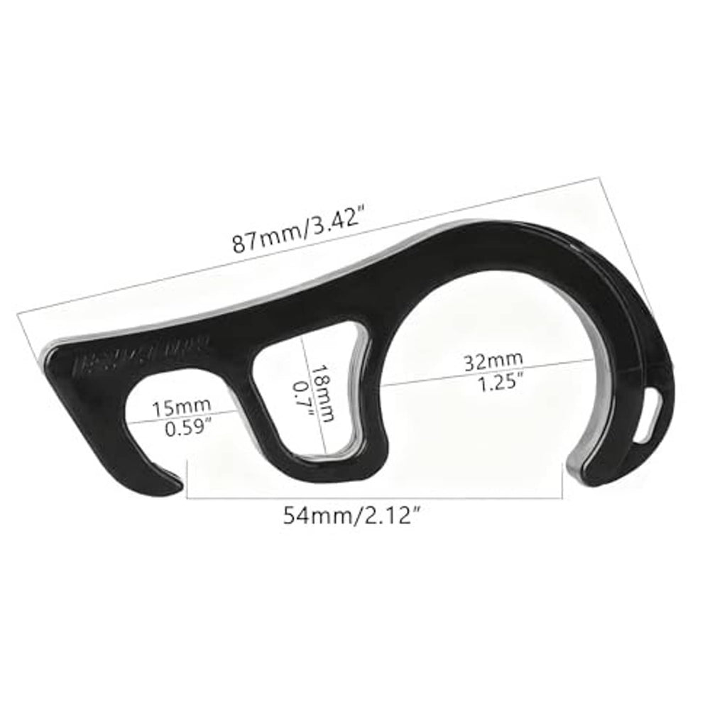 Black motorcycle brake lock holder with two hook openings and size markings
