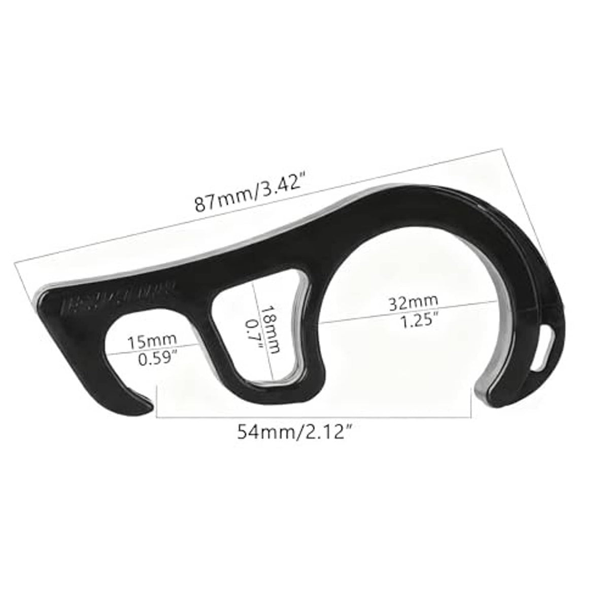 Black motorcycle brake lock holder with two hook openings and size markings