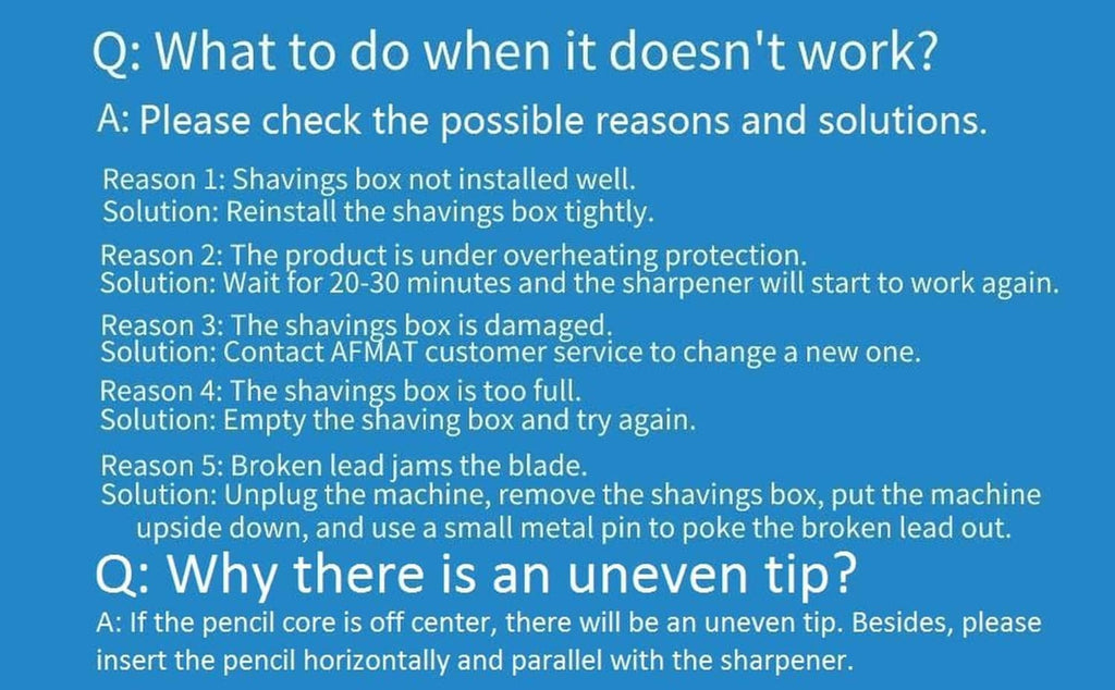 Pencil sharpener troubleshooting instruction text on a blue guide sheet