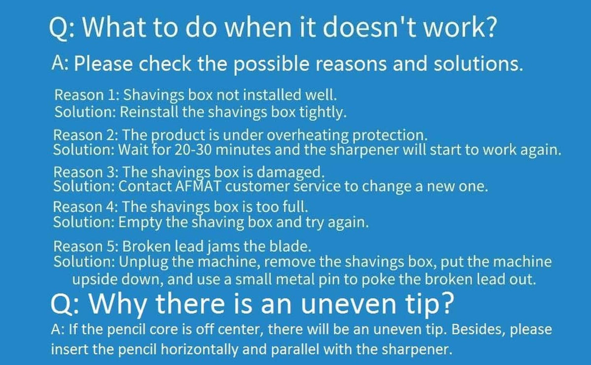 Pencil sharpener troubleshooting instruction text on a blue guide sheet