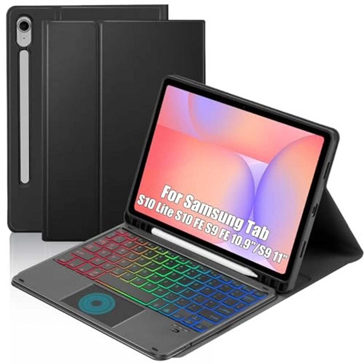 Black keyboard case with touchpad, tablet on fold-out stand with rear cover.