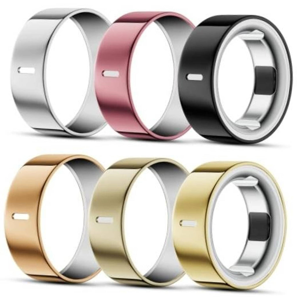 Set of ring covers with inner openings in silver, rose pink, and black metal finishes