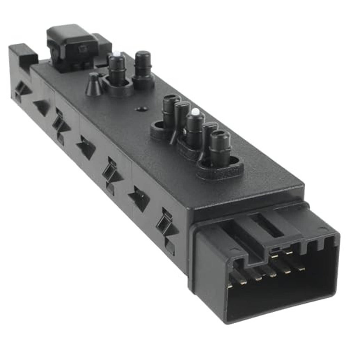 Power seat control switch showing rocker buttons and wide wiring connector, dark gray