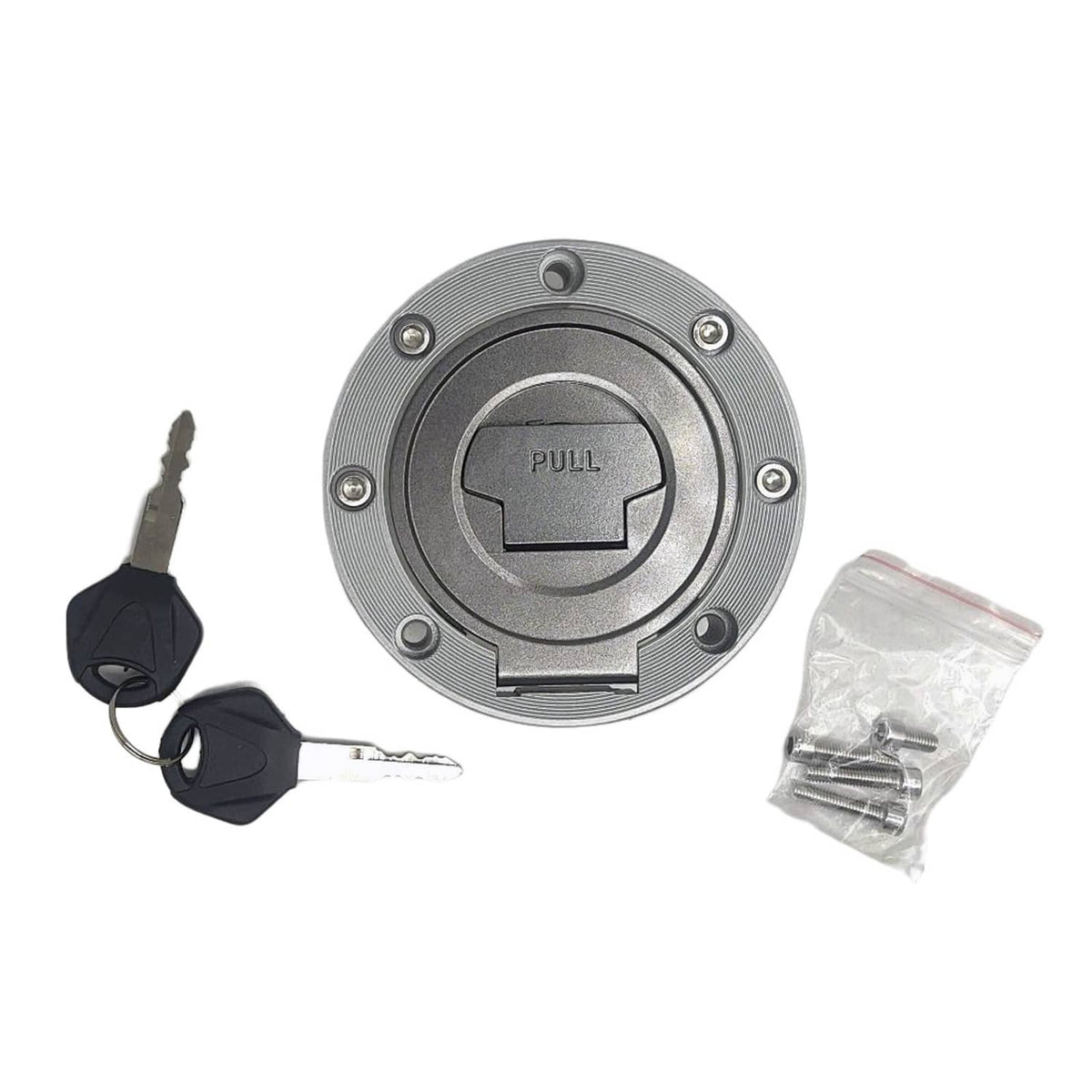 Fuel tank cap cover, round metal with pull slot, includes keys and hardware