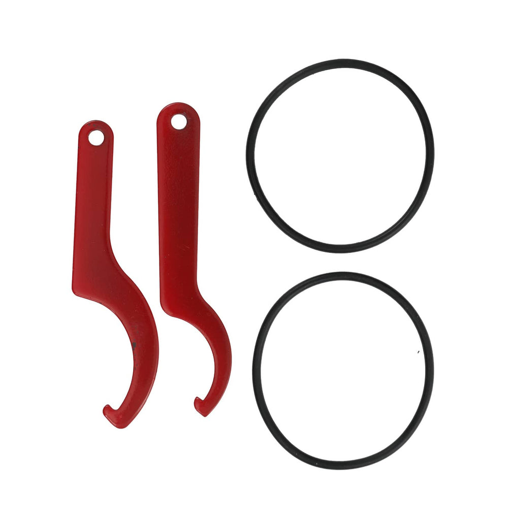 Red spring hooks and two black O-rings for coilover installation