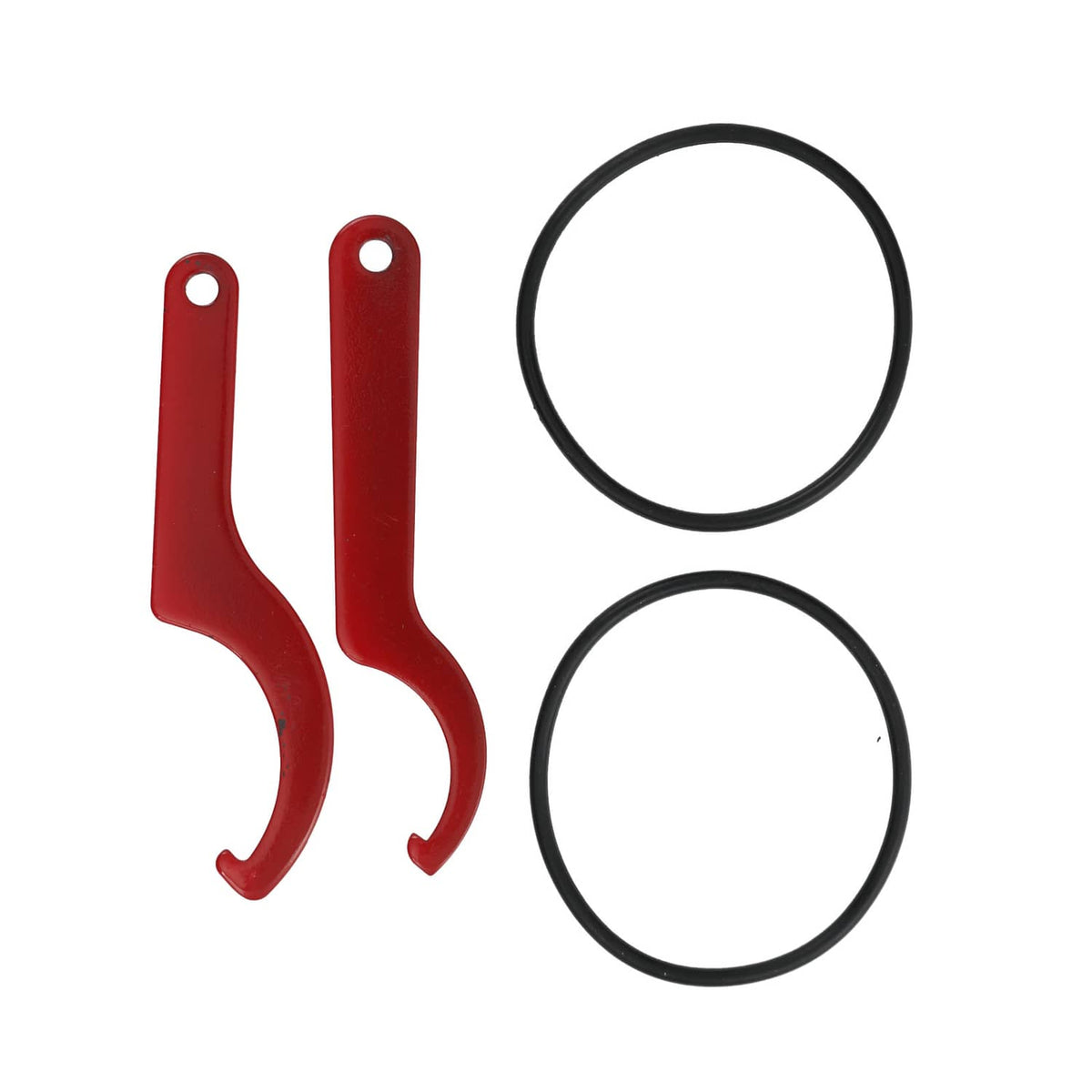 Red spring hooks and two black O-rings for coilover installation