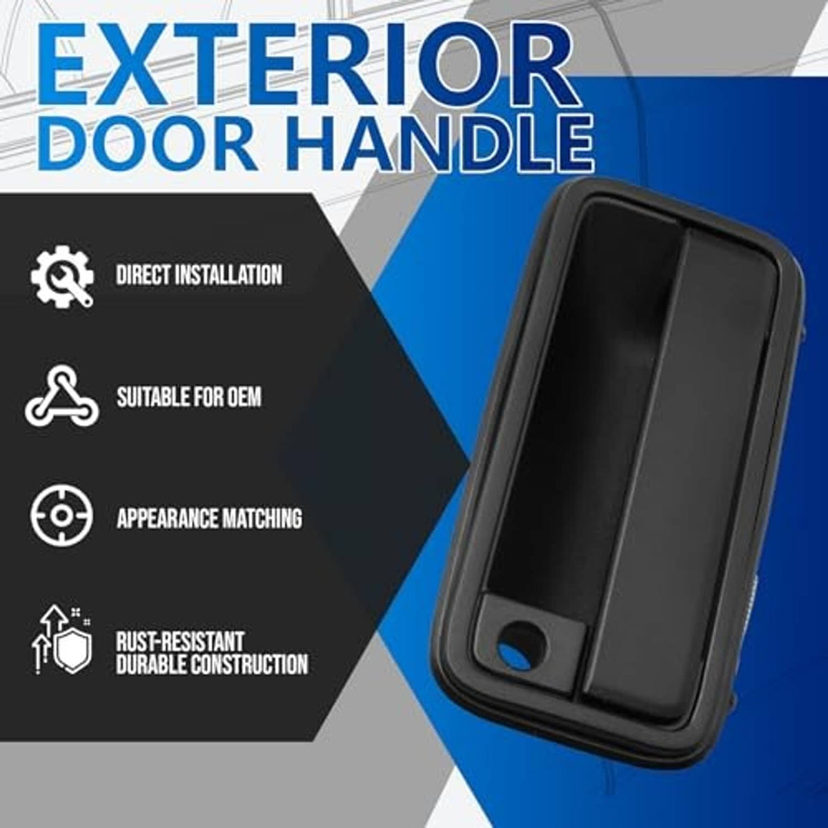 Black exterior door handle with oval keyhole cover and rounded rectangular body