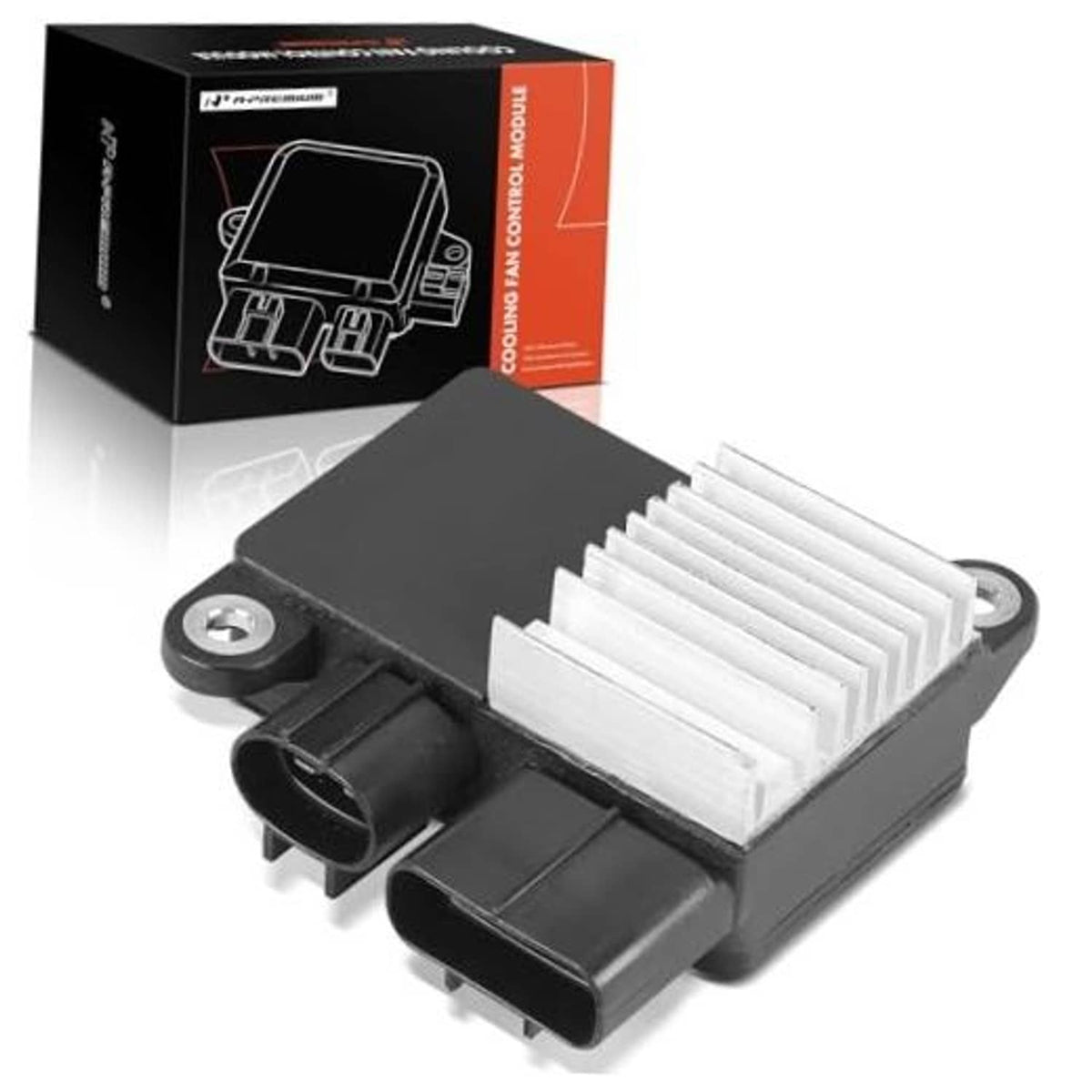 Radiator fan control module with black housing and aluminum cooling fins