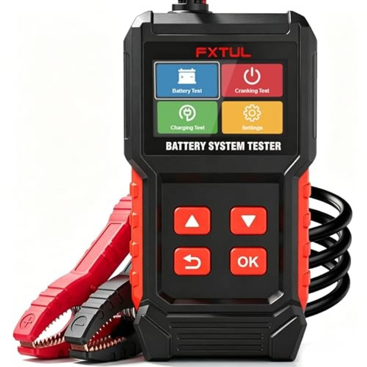 Battery system tester front with screen showing Battery, Cranking, Charging modes