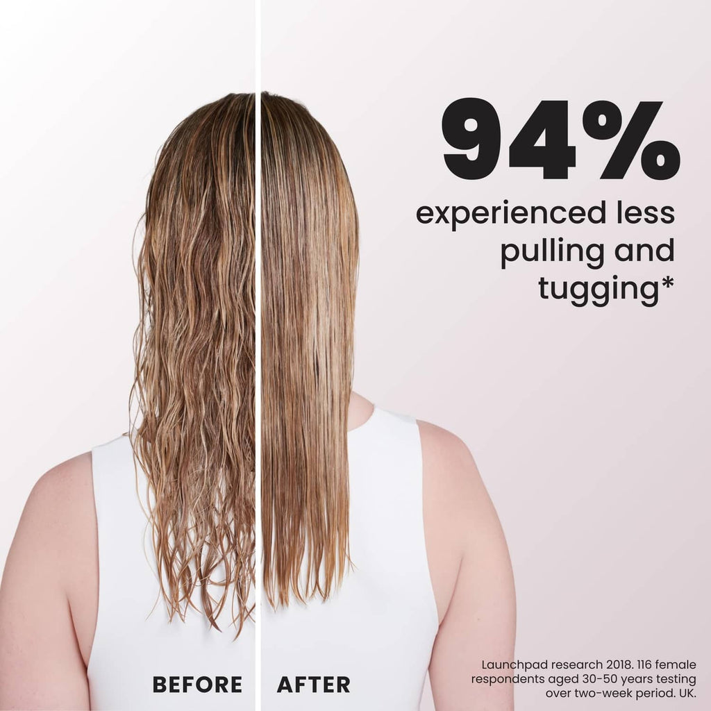 Before and after fine hair strands with 94% less pulling message