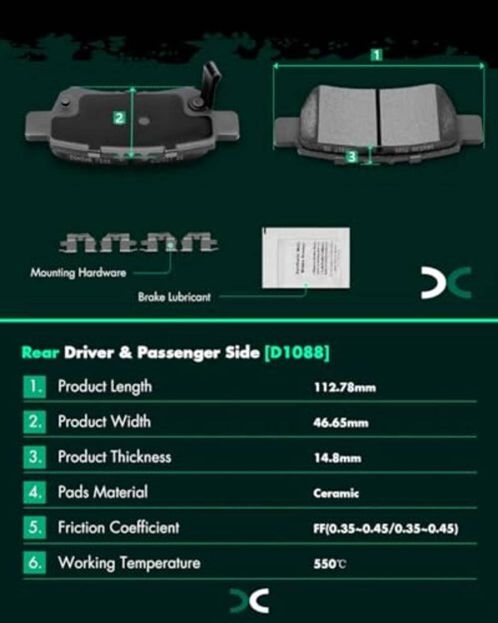 Rear ceramic brake pad set diagram with labeled dimensions and included brake hardware