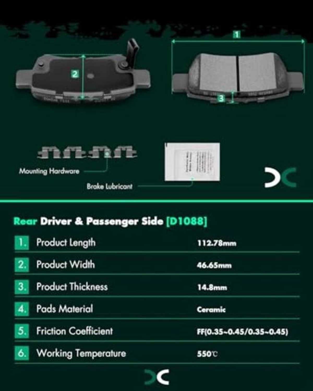 Rear ceramic brake pad set diagram with labeled dimensions and included brake hardware