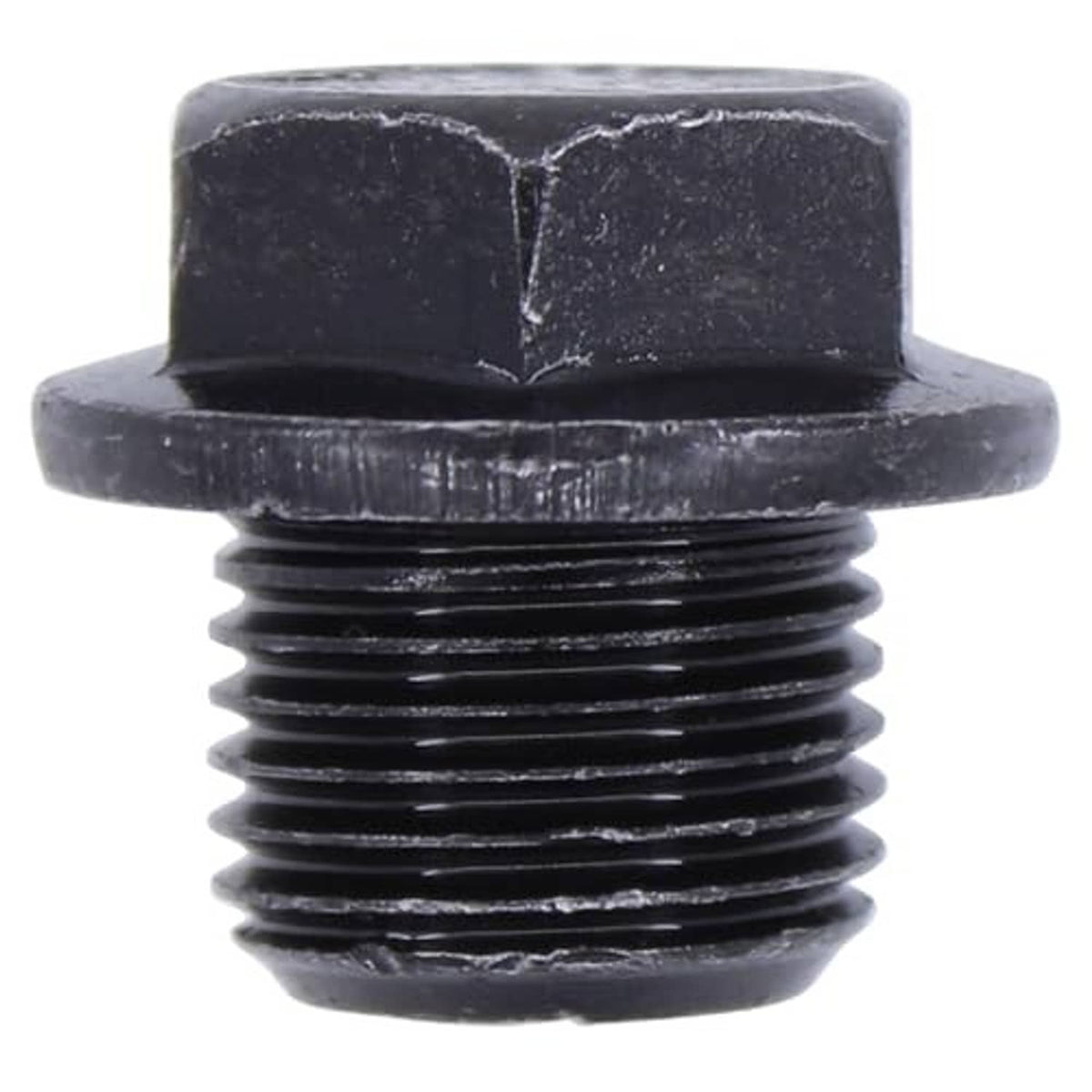 Engine oil drain plug with black hex head and threaded body