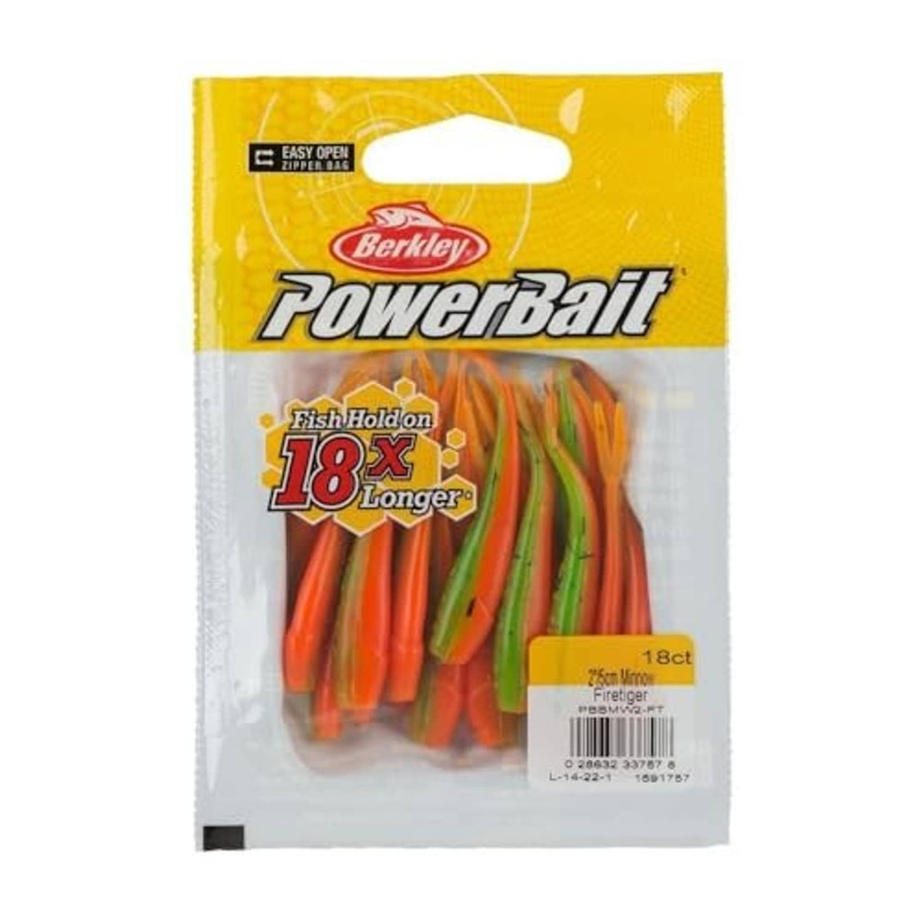 Berkley PowerBait Firetiger minnow 18ct package, orange and green soft baits
