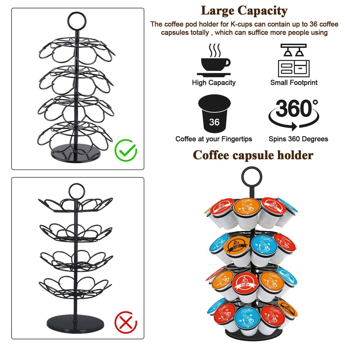 Black metal coffee capsule carousel holder stand with top ring, empty tiers
