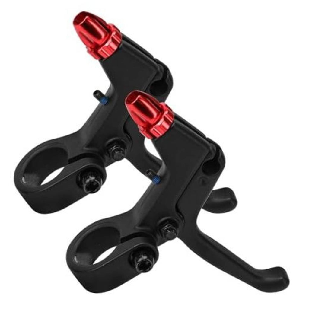 Universal bicycle brake lever pair, black levers with red aluminum 2-finger grips