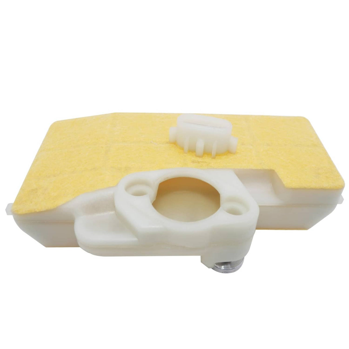 Air filter cleaner with yellow foam and white housing with large circular inlet