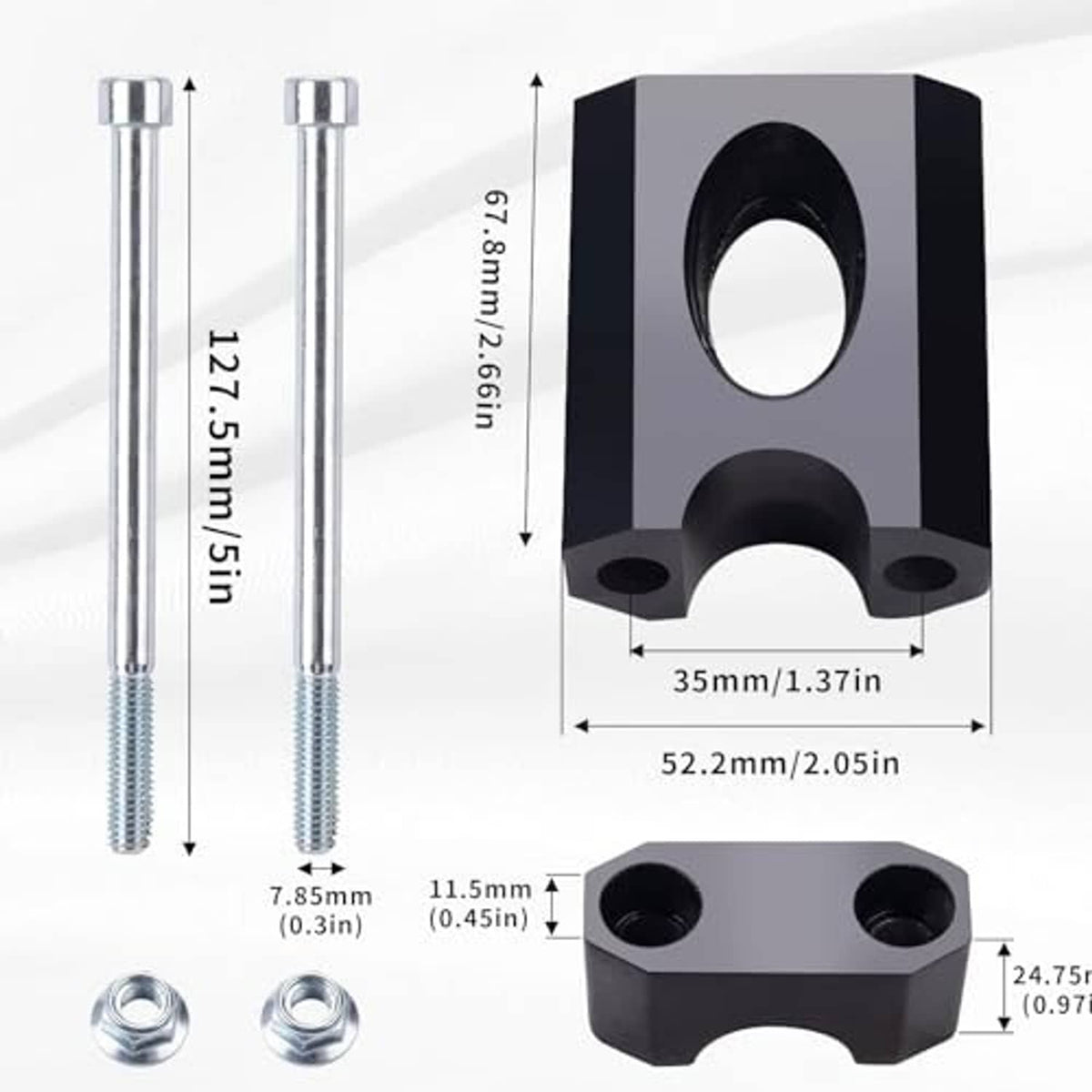 Black metal handlebar riser block with two bolt holes and central clamp opening
