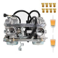 Dual carburetor assembly with black hoses, brass fittings, and two clear fuel filters