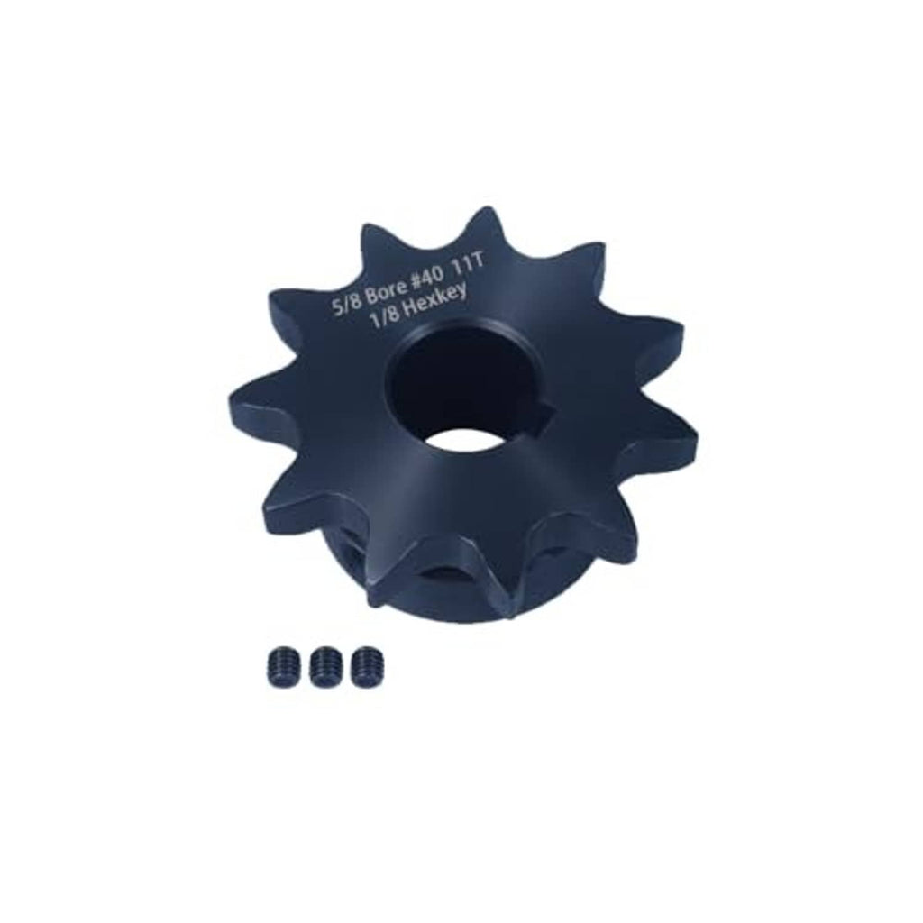Black roller chain sprocket with hex screws, 11 teeth, 5/8" bore, keyway