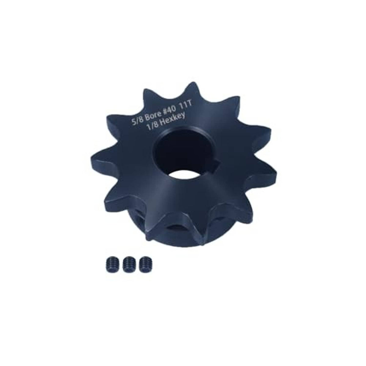 Black roller chain sprocket with hex screws, 11 teeth, 5/8" bore, keyway