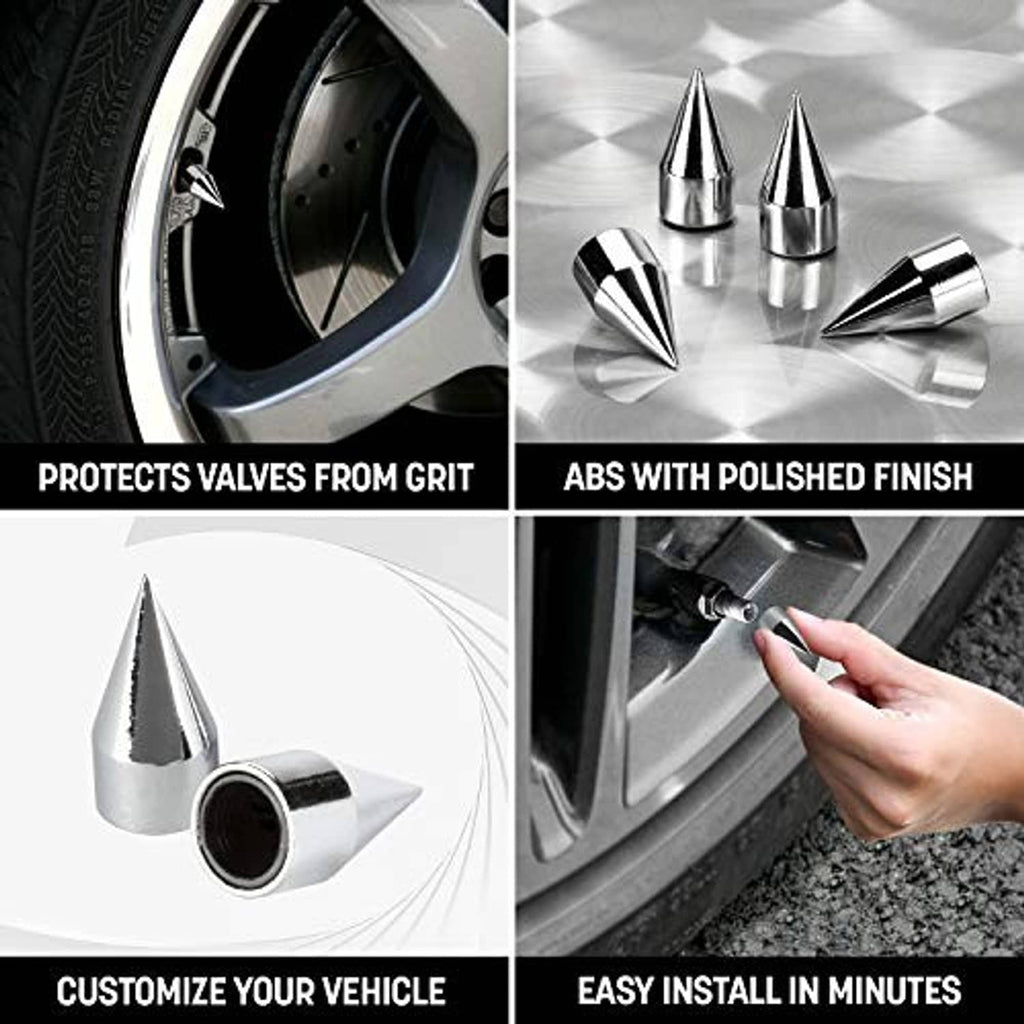 Silver chrome spiked valve caps shown in polished finish and wheel installation views