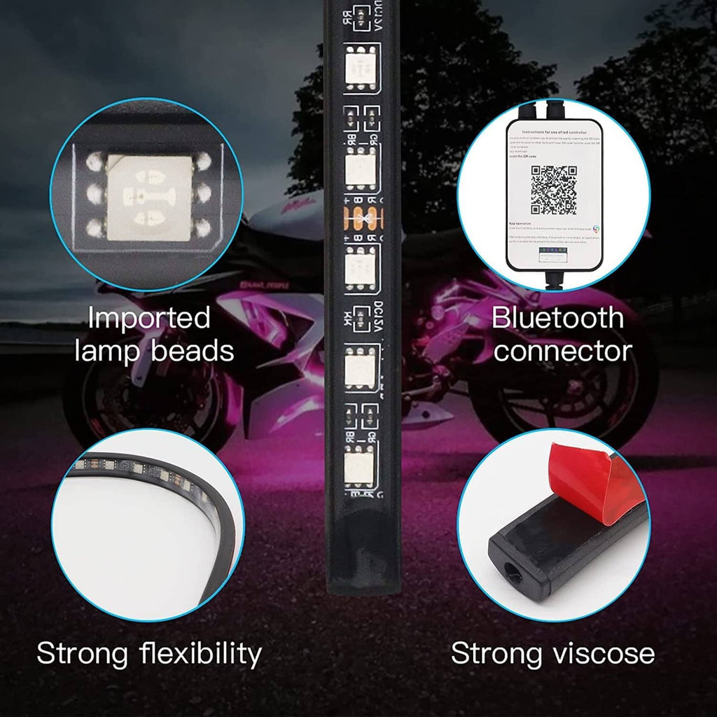 Black RGB LED strip bars with Bluetooth connector and sealed, flexible light end.