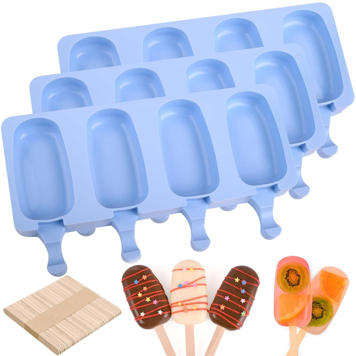Blue silicone popsicle mold tray set with oval cavities and pop-out stick bases