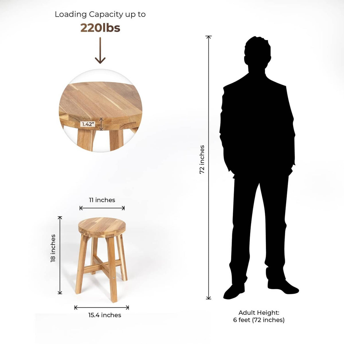 Acacia wood round stool with measurements shown: 18 in height and 11 in top