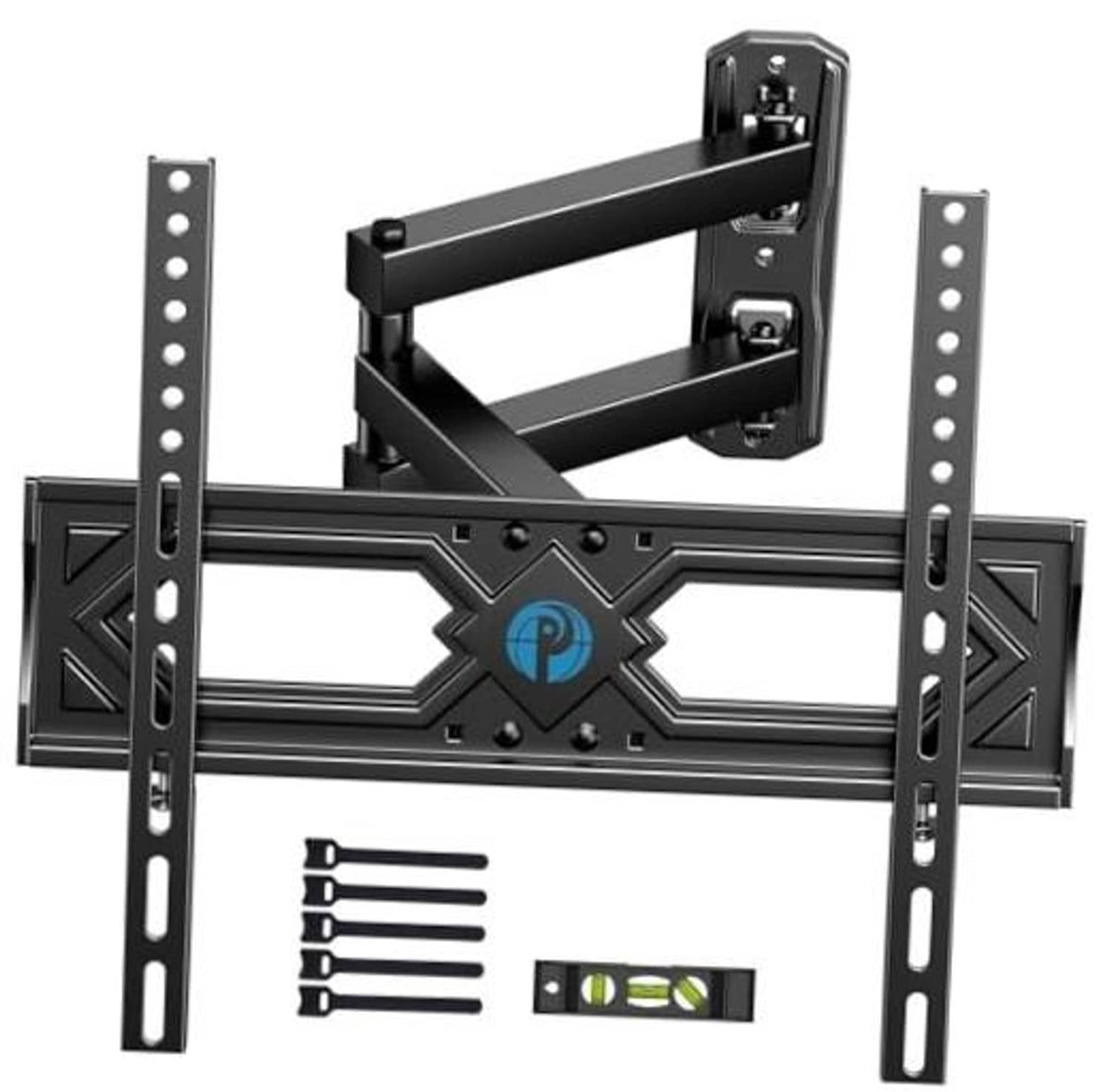 Full motion TV wall mount with metal arms, VESA plate, and hardware level
