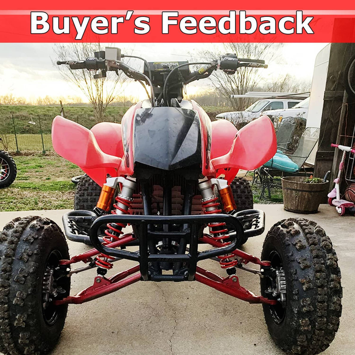 ATV front and rear air shock absorbers with red springs and orange reservoirs